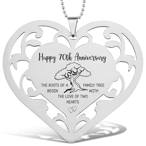 Happy 70th Anniversary Ornament Stainless Steel Heart with Laser Engraved Family Tree Quote