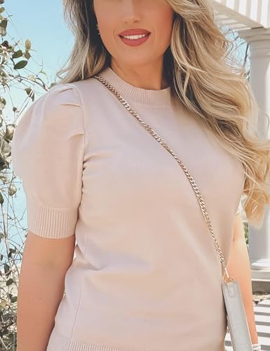 Image of Women Puff Short Sleeve Sweater Summer Trendy Crewneck Pullover Knit Shirts Business Casual Outfit