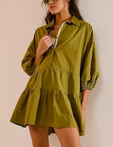 Image of Mingzhu Womens Summer Tiered Puff Sleeve Shirtdress Flowy A-line Babydoll Mini Dress