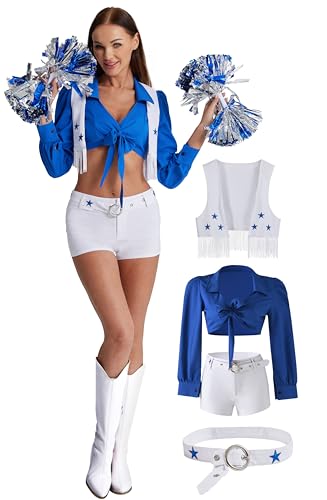 Maxim Party Supplies Blue Star Cheerleader Costume, Embroidered 4-Piece Set, Women's Outfit with Vest, Top, Shorts, Belt (Small)