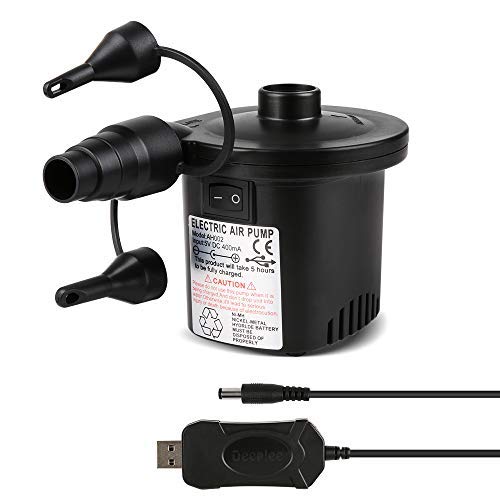 Deeplee Bomba de Aire Eléctrica, Inflador Bateria Recargable de llenado Rápido para Inflar Desinflar, Inflador Colchon Hinchable, 3 Boquillas Incluidas (Adaptador USB: 5V)
