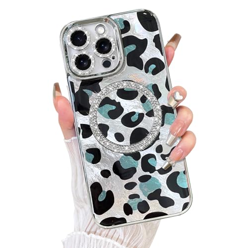 Coque léopard iPhone 15 Pro Max MagSafe avec finitions diamant luxe argent