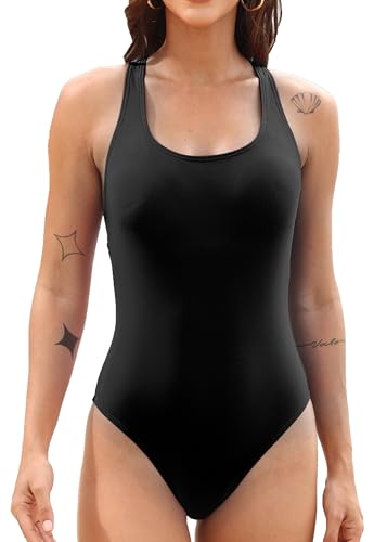 Vevarble Swimming Costume Women Sporty Cross Back One Piece Swimsuit Athletic Scoop Neck Swimwear Removable Padded Bathing Suits,XL,Black