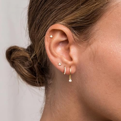 14K Gold Small Huggie Hoop Earrings Set for Women, Hypoallergenic Sterling Silver Studs for Cartilage and Helix, Cute Dainty Dangles Stackable Lightweight Trendy Diamond Jewelry Gift for Her3