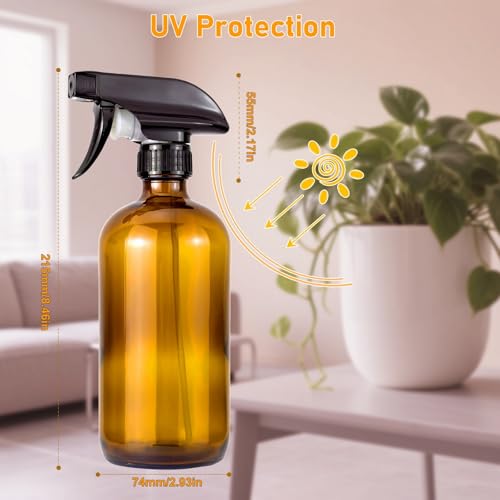 JIUWU 2 Pack 500ml 16.9oz Amber/Brown Glass Spray Bottles, Thickened, Refillable Empty Bottles for Cleaning Solutions, Essential Oils, Hair, Plants, Adjustable Nozzle for Squirt/Mist, Funnel, Label3