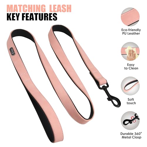 Image of Didog PU Leather Dog Collar and Leash Set, Soft Padded, Pink, Neck 18-22 inch