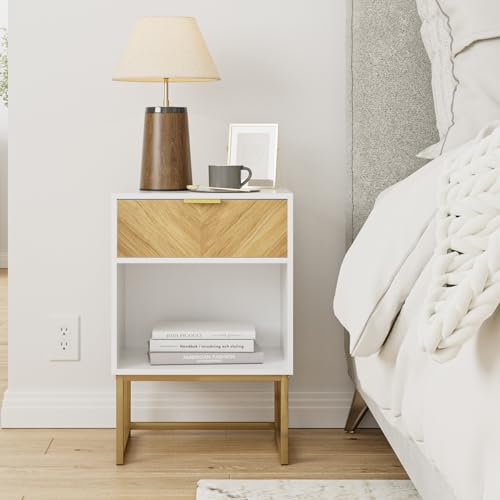 Miniatura 7 de Heyzoey Mesita De Noche Moderna De Madera Con Cajón Y Compartimento Abierto, Mesa Auxiliar Para Dormitorio Y Sala De Estar Blanco, 40 X 30 X 60 Cm