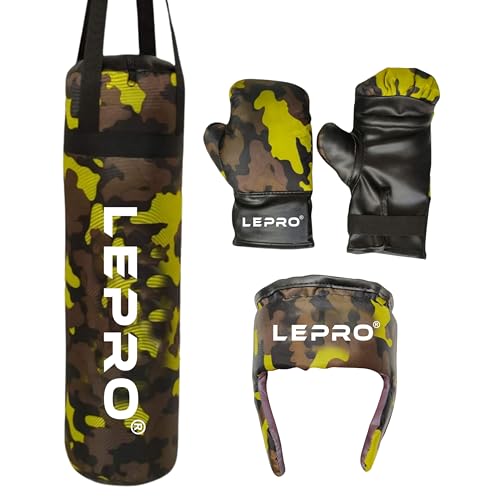 Image of LEPRO Kids Boxing Kit, Kids Punching Bag Set, Hanging Boxing Bag with Boxing Gloves & Headgear, Kids Boxing Set for 2-8 Years for Karate Muay Thai Kick Taekwondo Training (Camo Green)