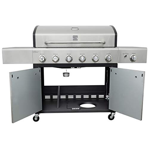 Kenmore 6-Burner Propane Gas BBQ Grill with Side Burner, 73,000 BTUs, Stainless Steel Cabinet Grill with Cast Iron Grates for Outdoor Cooking, Backyard BBQ, Patio, Large Parties