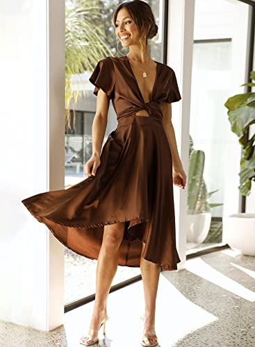 Image of miduo Womens Satin V Neck Ruffle Short Sleeve Tie Front High Waist Midi A-Line Maxi Dresses