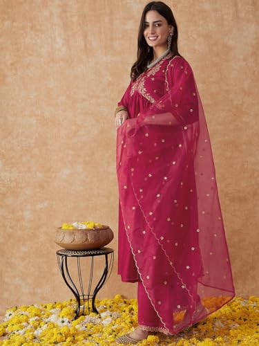 Image of SheWill Women's Vichitra Zari Sequence Embroidery Alia Cut Kurta with Palazzo Dupatta Set