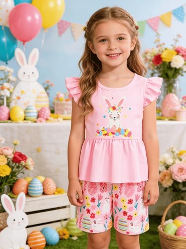Image of Girls Summer Outfits Toddler Baby Girls Short Sets 2 Piece Clothing Set Flutter Sleeve Shirt and Short 2-7 Years