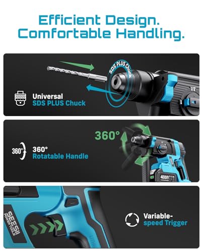 Seesii 1-Inch Cordless SDS-Plus Rotary Hammer Drill, 2.8J, Brushless Motor - image 8