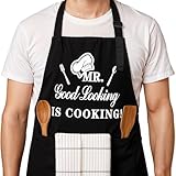 Tweruna Funny Grilling Aprons for Men, Funny Black Mens Aprons for Grilling, Adjustable Grill Apron with Pockets, Mr Good Looking Is Cooking for Dad Husband Kitchen Cooking Baking BBQ