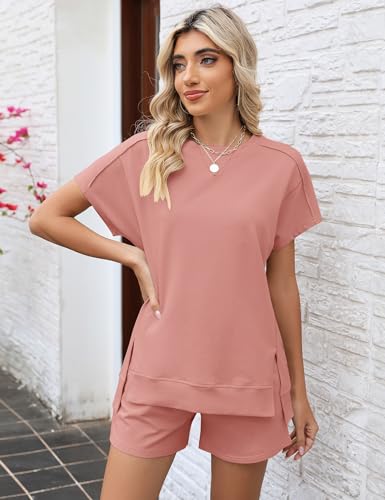 Image of LOMON Womens Fashion 2 Piece Outfits Sweatsuits 2026 Summer Short Sleeve Loungewear Tracksuit Round Neck Lounge Shorts Sets
