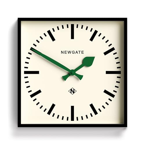 NEWGATE® Number Five Horloge Murale | Horloge de Gare Moderne rétro carrée | 40 cm | Noir avec des Mains Vertes | Style du Milieu du siècle pour Cuisine,...
