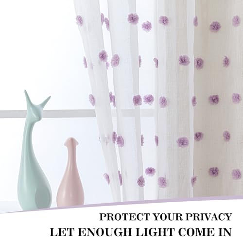 Image of MYSKY HOME Purple Pom Pom White Sheer Curtains for Bedroom 72 Inch 2 Panels | for Girls Room Baby Nursery, for Closet Doorway, Light Filtering, Rod Pocket, Semi Sheer White Window Drapes, 50 x 72 inch