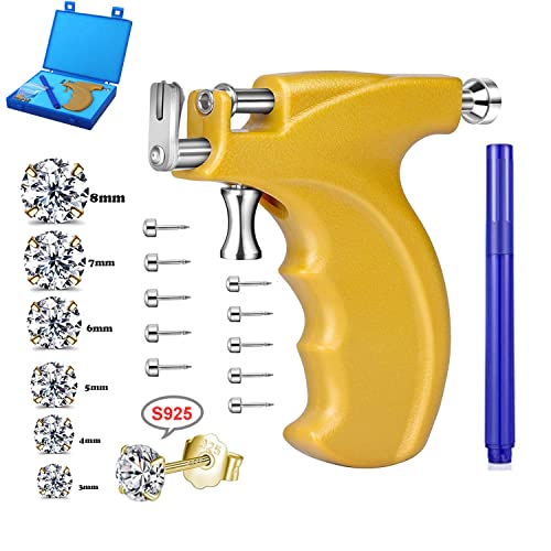 Professional Ear Piercing Gun Kit Reusable for Body Nose Lip Piercing with 16 Pairs Hypoallergenic Earrings (6 Pairs Sterling Silver Stud Earrings 18K Yellow Gold Plated+10 Pairs Gun Stud Earrings)