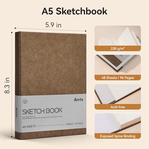 Arrtx Premium A5 Sketchbook, 96 Pages 230 GSM 50% Cotton Acid-Free Paper | Hardcover Art Sketch Book | 8.3 x 5.9 Inch Thick Drawing Pad for Watercolor, Ink, Pencil image 9