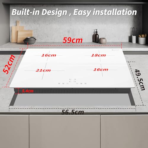 Placa Induccion 4 fuegos, Placas de Induccion 60cm Vidrio blanco, Función Boost, 9 niveles de potencia, temporizador, apagado automático, bloqueo de seguridad, 7200W - imagen 7
