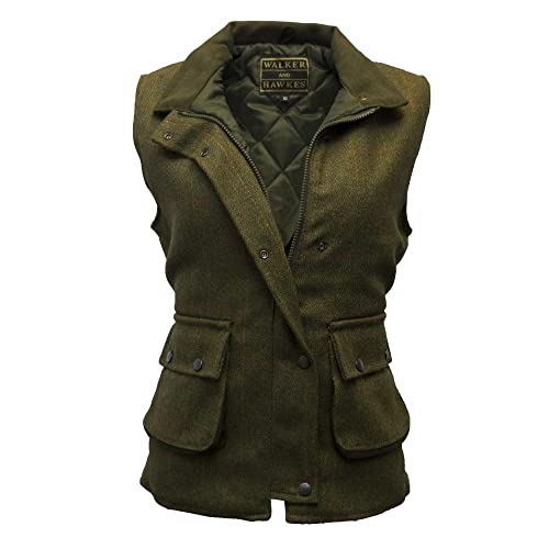 Walker and Hawkes Ladies Derby Tweed Bayston Gilet - Water-Resistant, Warm, Durable, Adjustable Fit, Outdoor Layer, UK-Made, Dark Sage - 8 UK/ 4 US