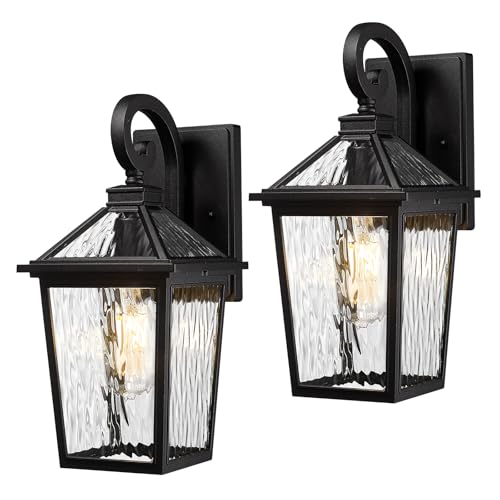 Image of zeyu 2 Pack Outdoor Wall Lamp Lights, Medium Porch Lights Outdoor Wall for House Patio, Die-Cast Aluminum with Water Ripple Glass, Black Finish, ZX58B-2PK-SW BK