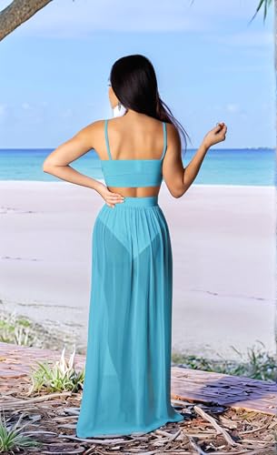 Image of Women Sexy 2 Piece Outfits Dress Chiffon Strap Deep V Neck Bra Crop Top High Split Maxi Dresses Skirt Set