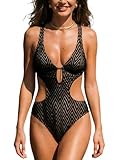 CUPSHE Women's One Piece Swimsuit Monokini Plunging Neck Cutout Bathing Suit Halter Ties Adjustable Straps Swimwear, L Black/Stripe