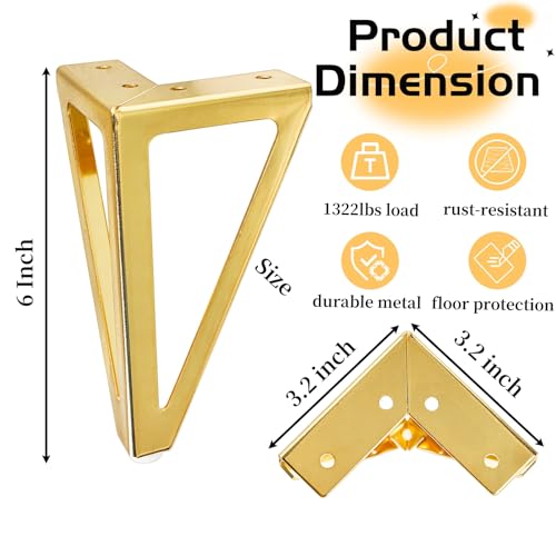 WRINGKIT 6 Inch Gold Furniture Legs Set of 4, Modern Metal Furniture Feet with Floor Protectors, Heavy Duty Table Dresser Legs for Cabinet Sofa Feet DIY Replacement, Max Load 1322 Lbs