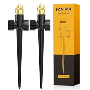 FANHAO Metal Lawn Sprinkler for Yard, 2 Pack Automatic Garden Water Sprinkler on Spike Base, Adjustable Brass Sprinkler Nozzle 360 Degree Large Area Coverage for Lawn Grass Patio Garden IrrigationL8