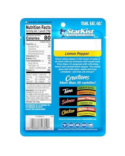 Image of StarKist Tuna Creations Variety Pack, 3-Pack Trial (Tuna Salad, Lemon Pepper, Herb & Garlic), Ready-to-Eat Tuna Pouches, 13g-18g Protein, On-the-Go Snack or Meal