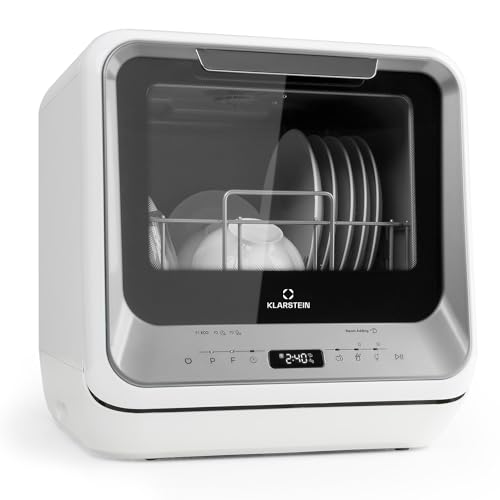 Klarstein Amazonia Mini Geschirrspüler, Spülmaschine mit Platz für 2 Maßgedecke, 6 Programme, 5 L Wasser benötigt, LED-Display, Touch, Tischgeschirrspüler inkl. Zubehör, silber