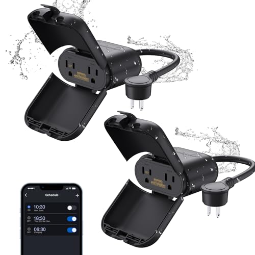 ELEGRP PQR21 Outdoor Smart Dimmer Plug Waterproof IP66, Smart WiFi Plug with 2 Individually Sockets, Compatible with Alexa &amp; Google Assistant, Outdoor Dimmer for String Lights, UL Listed, 2 Pack