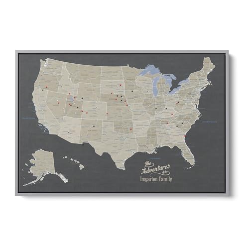 Image of United States Travel Map with Pins - Earth Tone USA Pinnable Map to Track Travels - Oversized Canvas Wall Art Gift for Travelers - Silver Float Frame - 34 inch x 51 inch