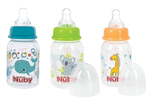 Image of Nuby Printed 4 Ounce Non-Drip Bottle, 3 Pack - Aqua, Orange, Green