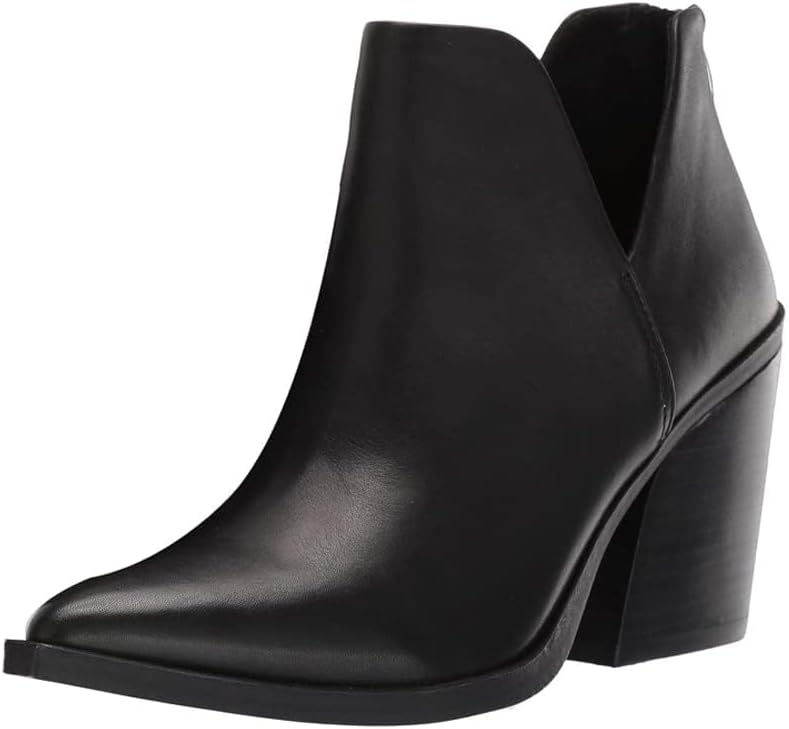 Kathemoi Womens Slip on Ankle Boots V Cutout Pointed Toe Chunky Stacked Mid Heel Booties