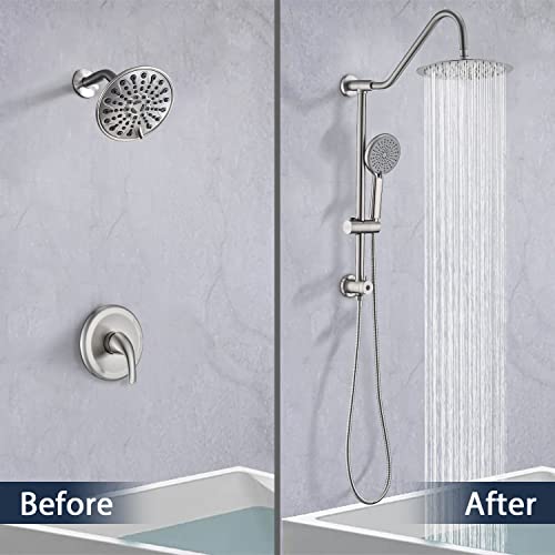 Uclimaa 10 Inch Rain Shower Head With Handheld System, 24" Drill-Free Slider Bar With Low 3-Way Diverter For Easy Reach, 4 Setting Handheld Spray With 5Ft Stainless Steel Hose - Brushed Nickel #TOP4