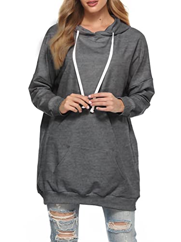 Famulily Lockere Hoody Sweatshirt Damen Sweatkleid Langarm Hoodie mit Kapuze Baumwolle Hellgrau 2XL