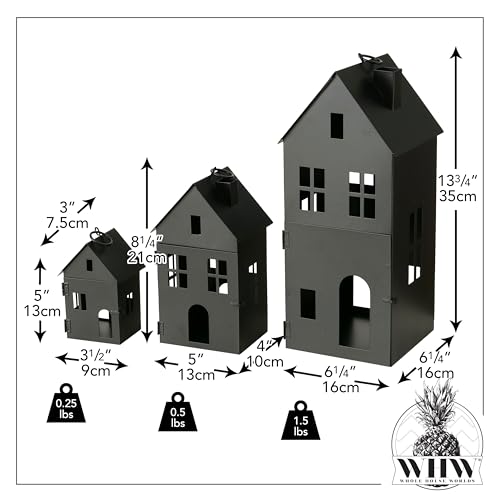 Image of Main Street Town House Candle Lanterns, Set of 3, Vintage Style, Architectural Details,Rustic Black, Metal, 13.75, 8.25, and 5 Inches Tall