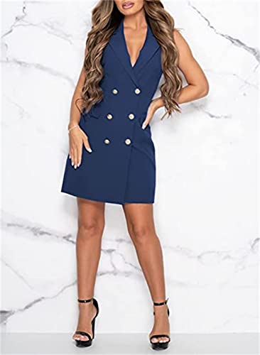Women Blazer Dresses Elegant V-Neck Sleeveless Casual Work Office Double Breasted Blazer2