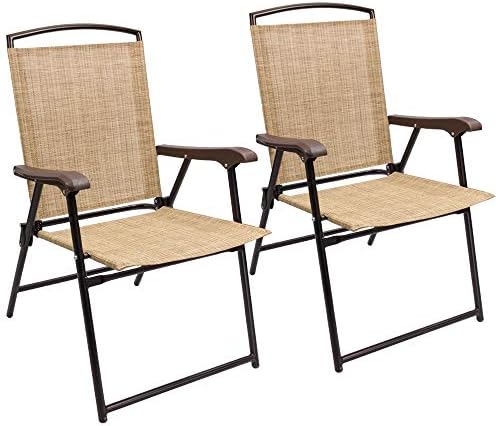 Devoko Patio Folding Chair Deck Sling Chair Camping Garden Pool Beach Using Chairs Space Saving Set of 2 (Beige)