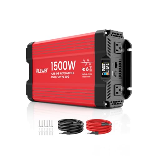 Image of ALLWEI 1500W Pure Sine Wave Inverter 12V DC to 110V/120V AC Converter, Surge 3000W | Power Inverters Vehicles with 2 AC Outlets, RV Truck Boat Home Outdoor & Off-Grid Solar Inverter, Smart LCD Display