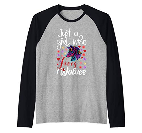 Just A Girl Who Loves Wolves Gift for Girls Funny Wolf Lover Camiseta Manga Raglan
