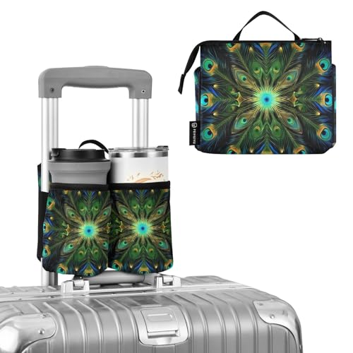 Kigai Peacock Feather Luggage Cup Holder Portable Drink Carrier Caddy Bag Free Hand Coffee Mug Holder Travel Accessories Fits Roll on All Suitcase Handles