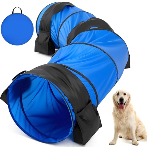 28 in 10 Foot Blue Extra Large Dog Agility Tunnel with Sandbags Dogs Agility Training Equipment Tunnel with 3 Pack Sandbags Carry Bag and 4 Ground Spikes for All Medium and Large Dogs by Briwooody - Used condition - US$69.44