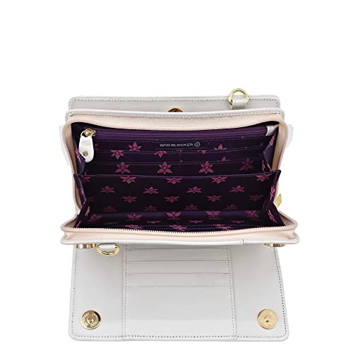 Image of Anuschka Women's Hand-Painted Genuine Leather Organiser Wallet Crossbody - Croco Embossed Cream Gold