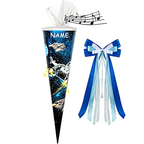 alles-meine.de GmbH Sound Modul & LED Licht Effekt ! - Schultüte - Weltraum - Space - 85 cm / 6 eckig - incl. Namen und große Schleife - Tüllabschluß - Zuckertüte - mit/OHN..