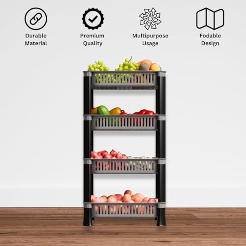 Image of Multipurpose Plastic Storage Rack for Kitchen | Foldable Vegetable & Fruit Organizer Stand for Onion, Potato, Sabji | Countertop Multi-Layer Basket Rack for Home, (Silver, 4 layer)