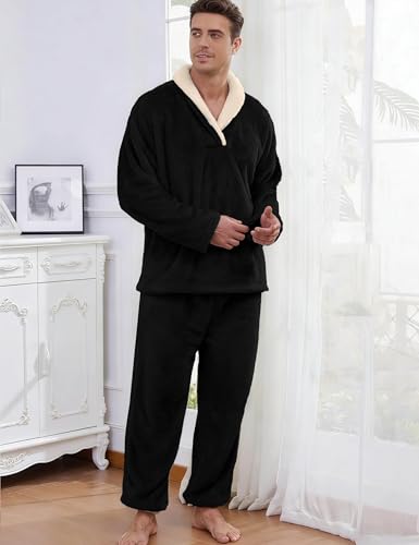 Image of Mens Fluffy Coral Fleece Pajamas Set Pullover Pants Loose Plush Warm Loungewear Sleepwear