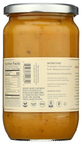 Lucini Organic Golden Tomato Sauce - Classic Italian Sauce in Glass Jar - Fresh Organic Tomatoes - No Sugar Added Pasta Sauce, 24 oz